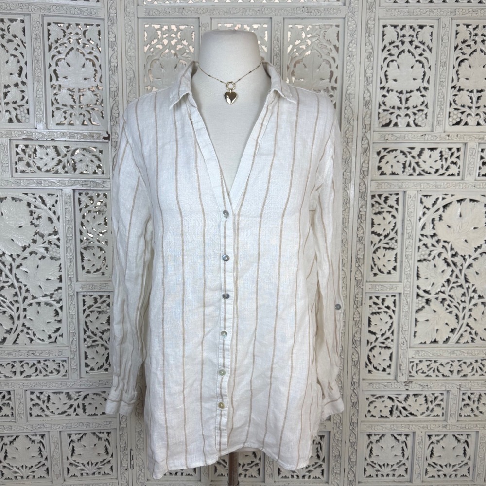 Halston 100% Linen Striped Button Down Blouse Womens Medium Coastal Beachy